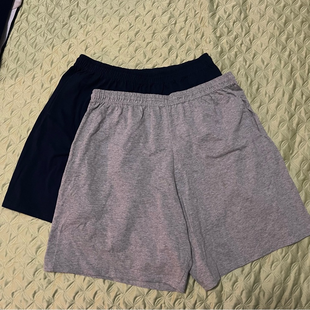 Men’s Large Fruit of the Loom Cotton Lounge Shorts - Navy blue, heather grey